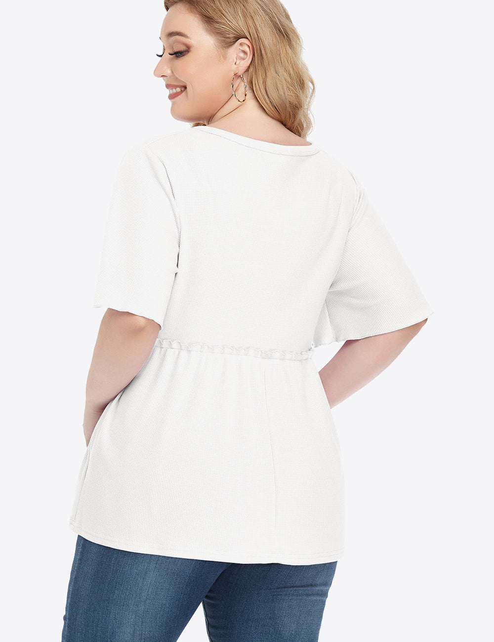 White plus-size buttoned V-neck frill trim babydoll blouse