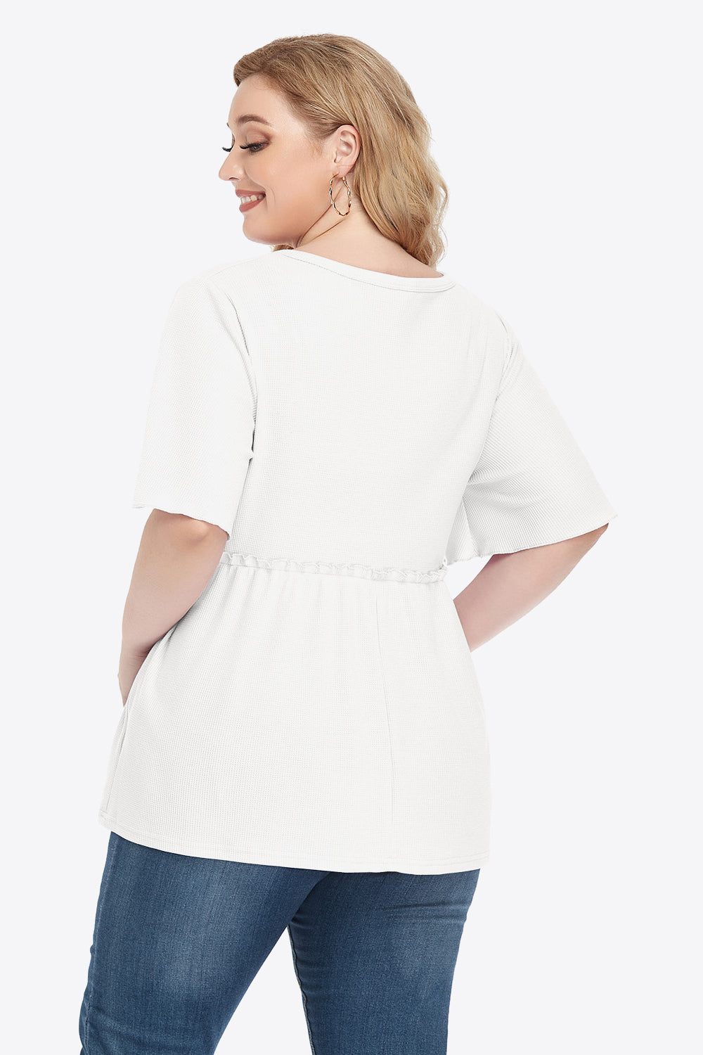 White plus-size buttoned V-neck frill trim babydoll blouse