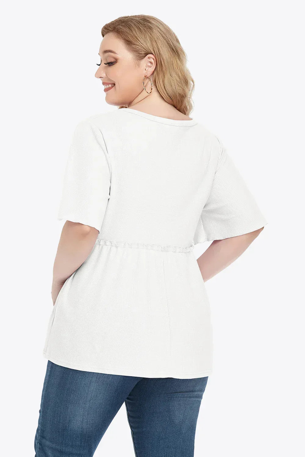 Plus Size Buttoned V-Neck Frill Trim Babydoll Blouse - DAVERRI FASHIONS