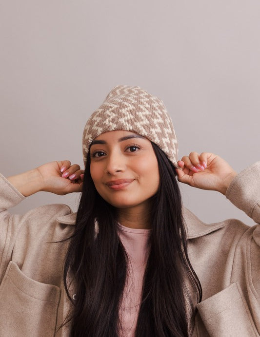 Beige OS Zigzag Knit Beanies | Daverri Fashions