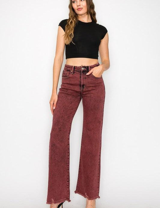 PLUS SIZE - HIGH RISE FLARED LEG JEANS BLEACHED BURGUNDY GARMENT DYE