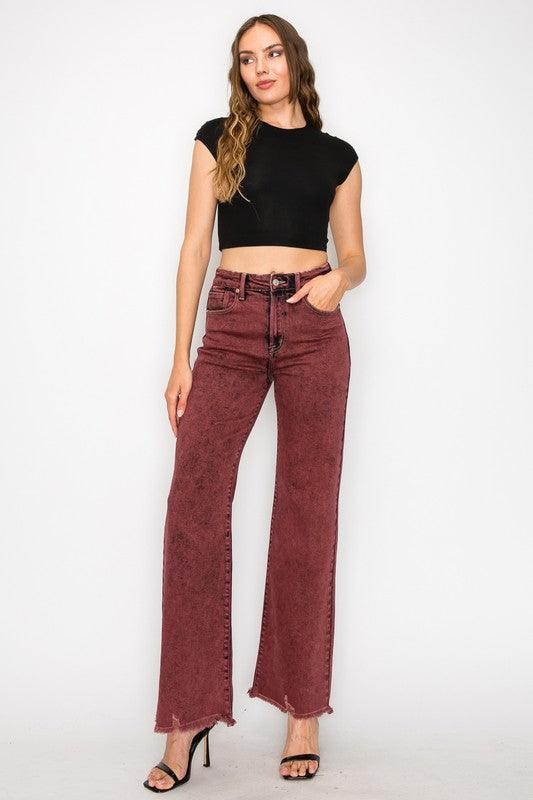 PLUS SIZE - HIGH RISE FLARED LEG JEANS BLEACHED BURGUNDY GARMENT DYE