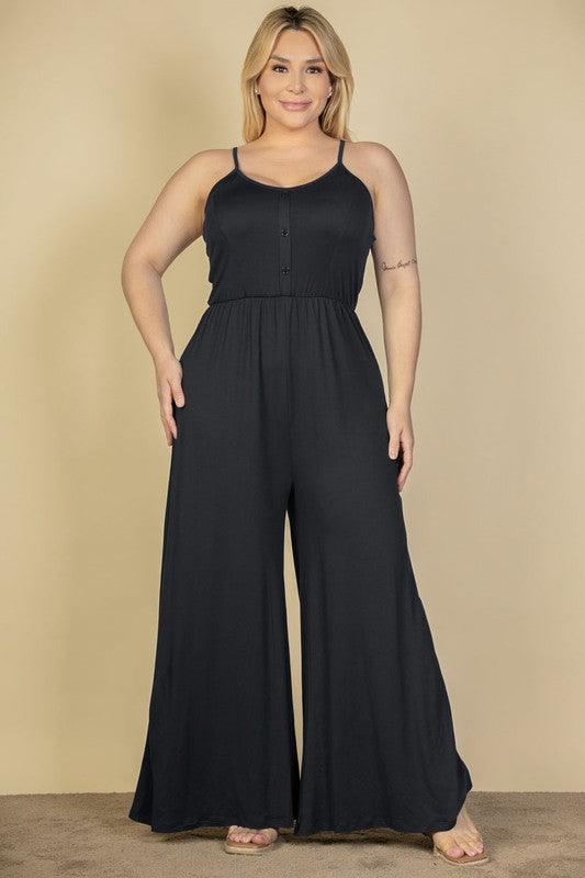 Plus Size Button Front Wide Leg Jumpsuit Black