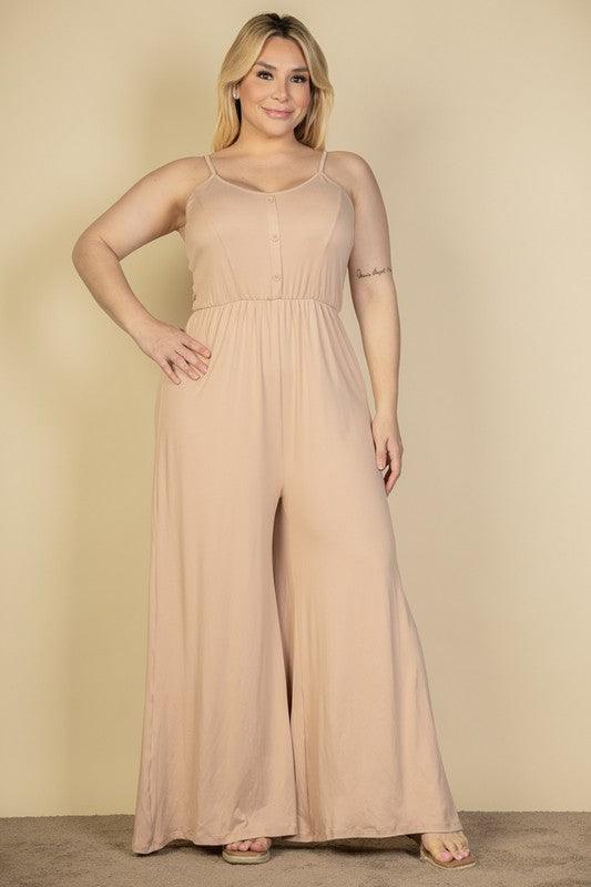 Plus Size Button Front Wide Leg Jumpsuit Khaki