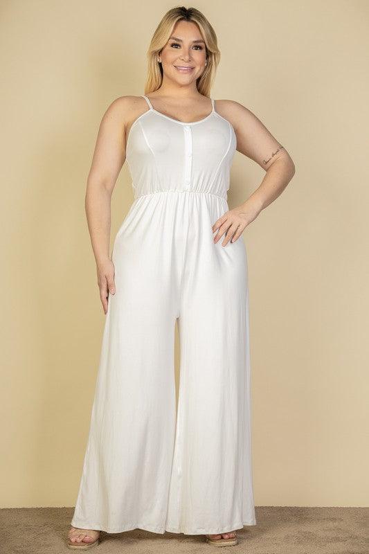 Plus Size Button Front Wide Leg Jumpsuit White