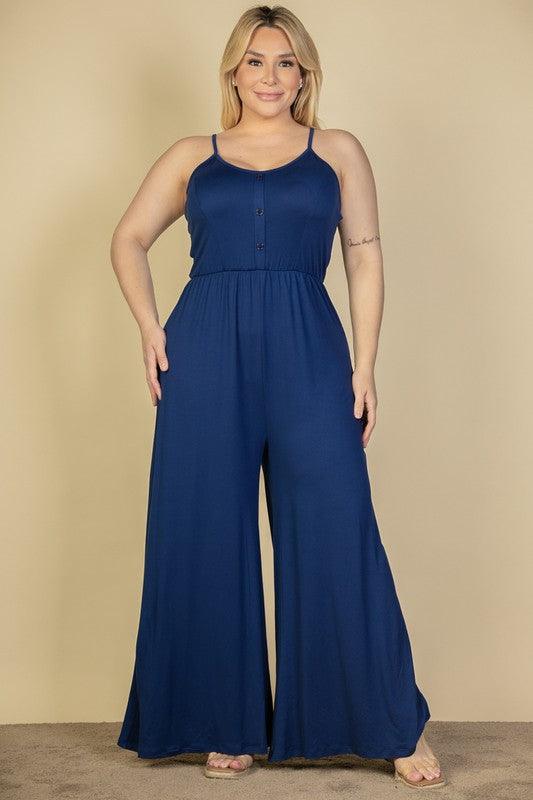 Plus Size Button Front Wide Leg Jumpsuit Navy