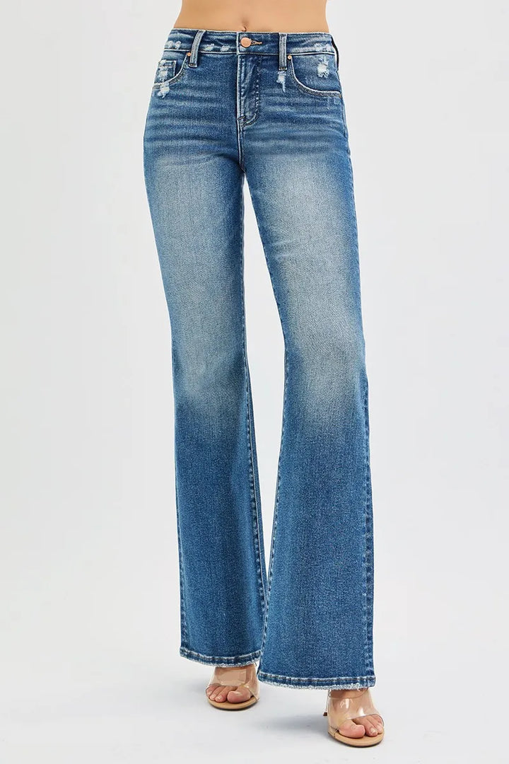 RISEN Full Size Tummy Control High Rise Flare Jeans Plus Size | Jeans Daverri Fashions