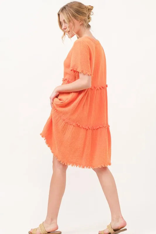 And The Why Washed Frayed Detail Tiered Dress Knee Length Dresses