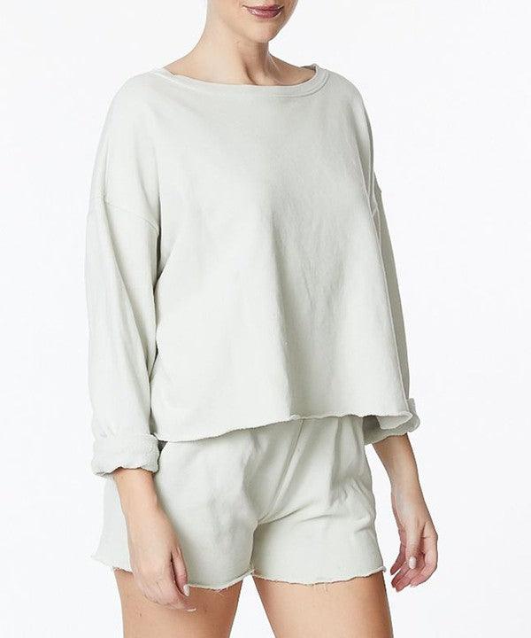 French Terry Long Sleeve Cotton Top SAGEBLUE S Sweatshirts