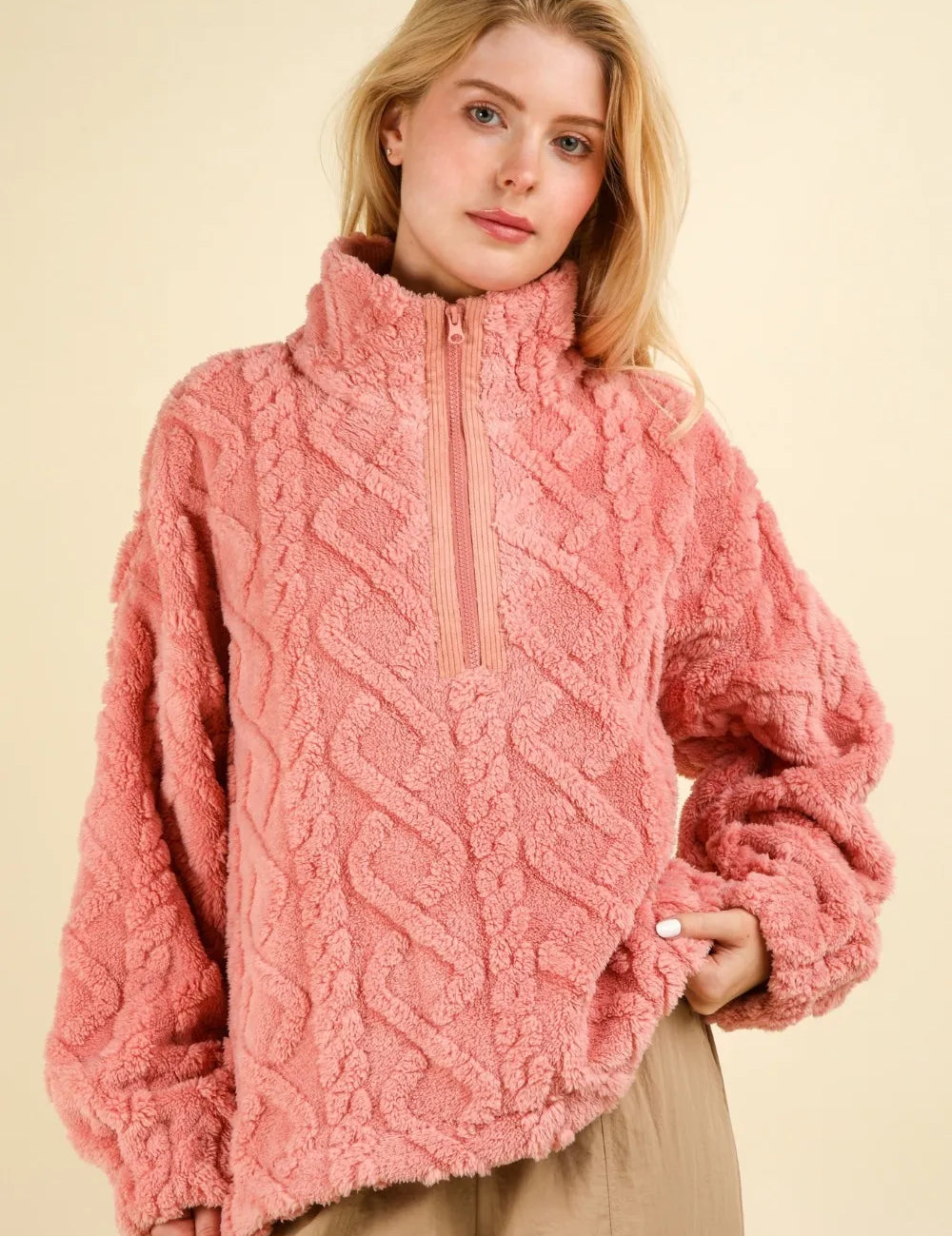 Blush M VERY J Fuzzy Fleece Half Zip Cable Pattern Sweatshirt Blush | Sweatshirts Daverri Fashions