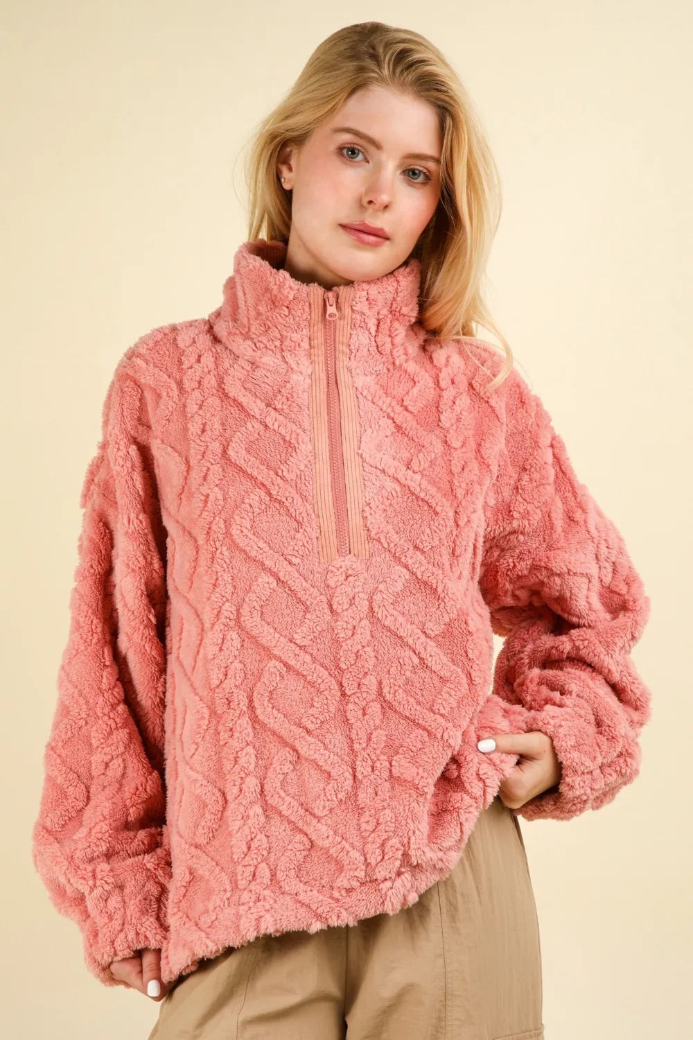 VERY J Fuzzy Fleece Half Zip Cable Pattern Sweatshirt Blush M Sweatshirts