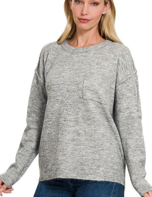 Zenana Hi-Low Hem Round Neck Sweater H GREY L XL Sweaters