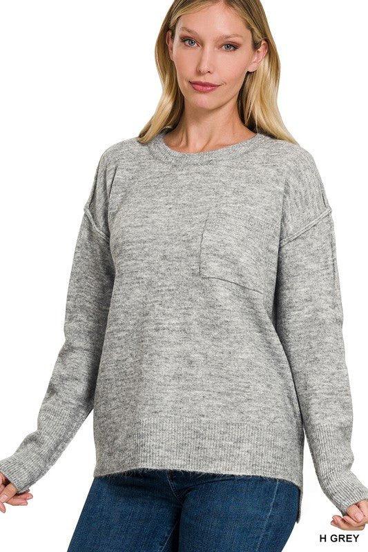 Zenana Hi-Low Hem Round Neck Sweater H GREY L XL Sweaters