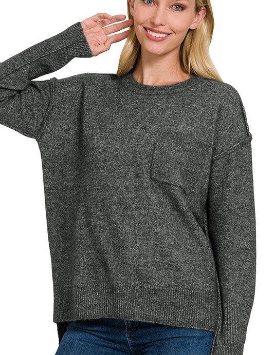 Zenana Hi-Low Hem Round Neck Sweater Sweaters