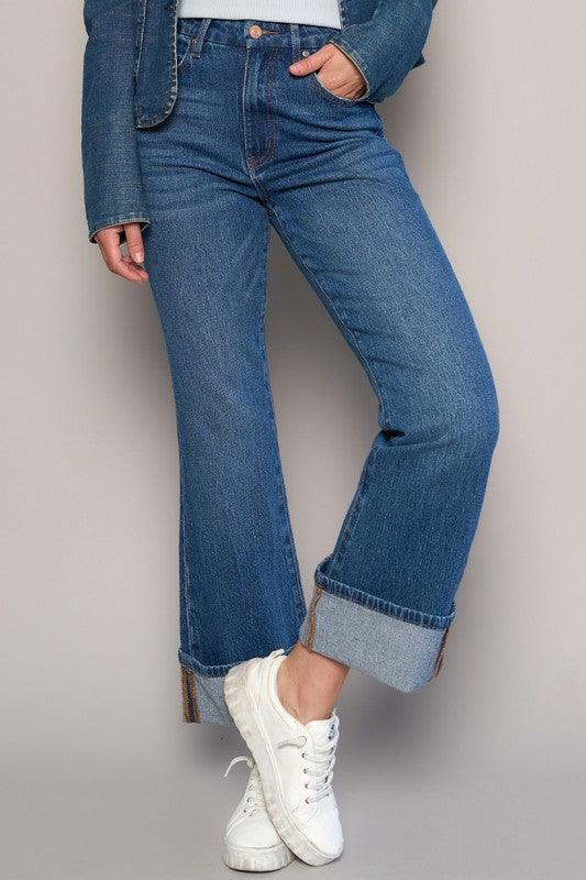 High Rise Cropped Bootcut Cuffed Jeans Jeans