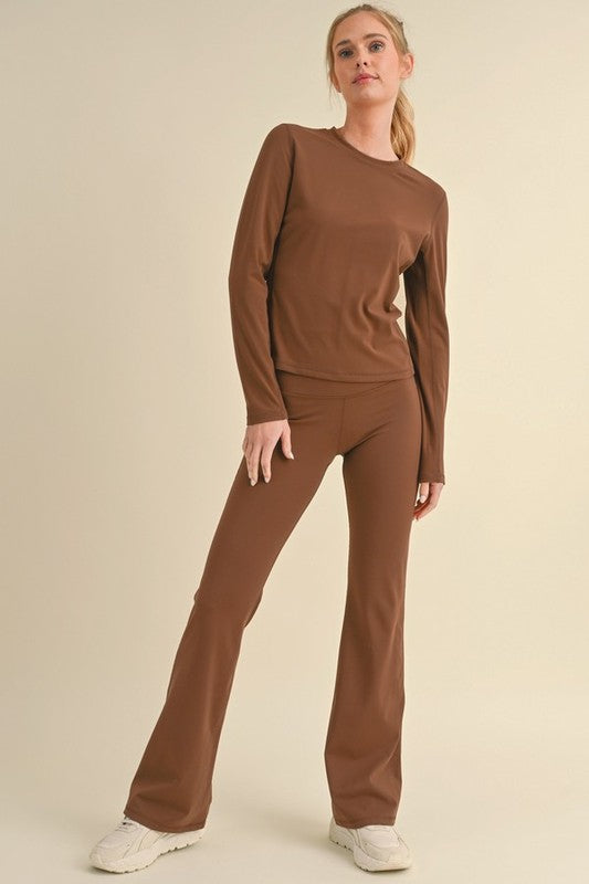 Women’s Butterysoft Yoga Flare Pants: brown long-sleeved top and matching high-waisted flared pants in soft stretchy fabric