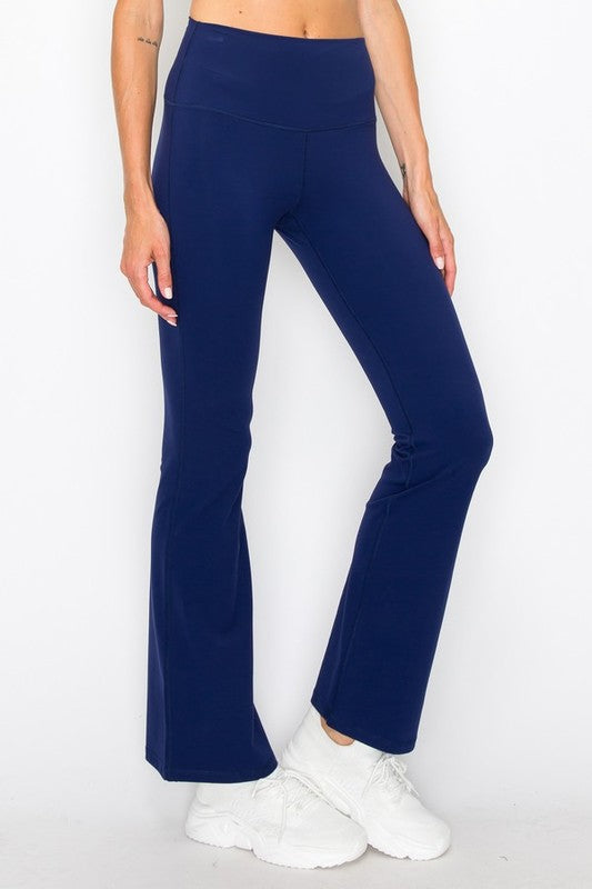 Navy blue high-waisted flared leggings, buttery soft yoga pants
