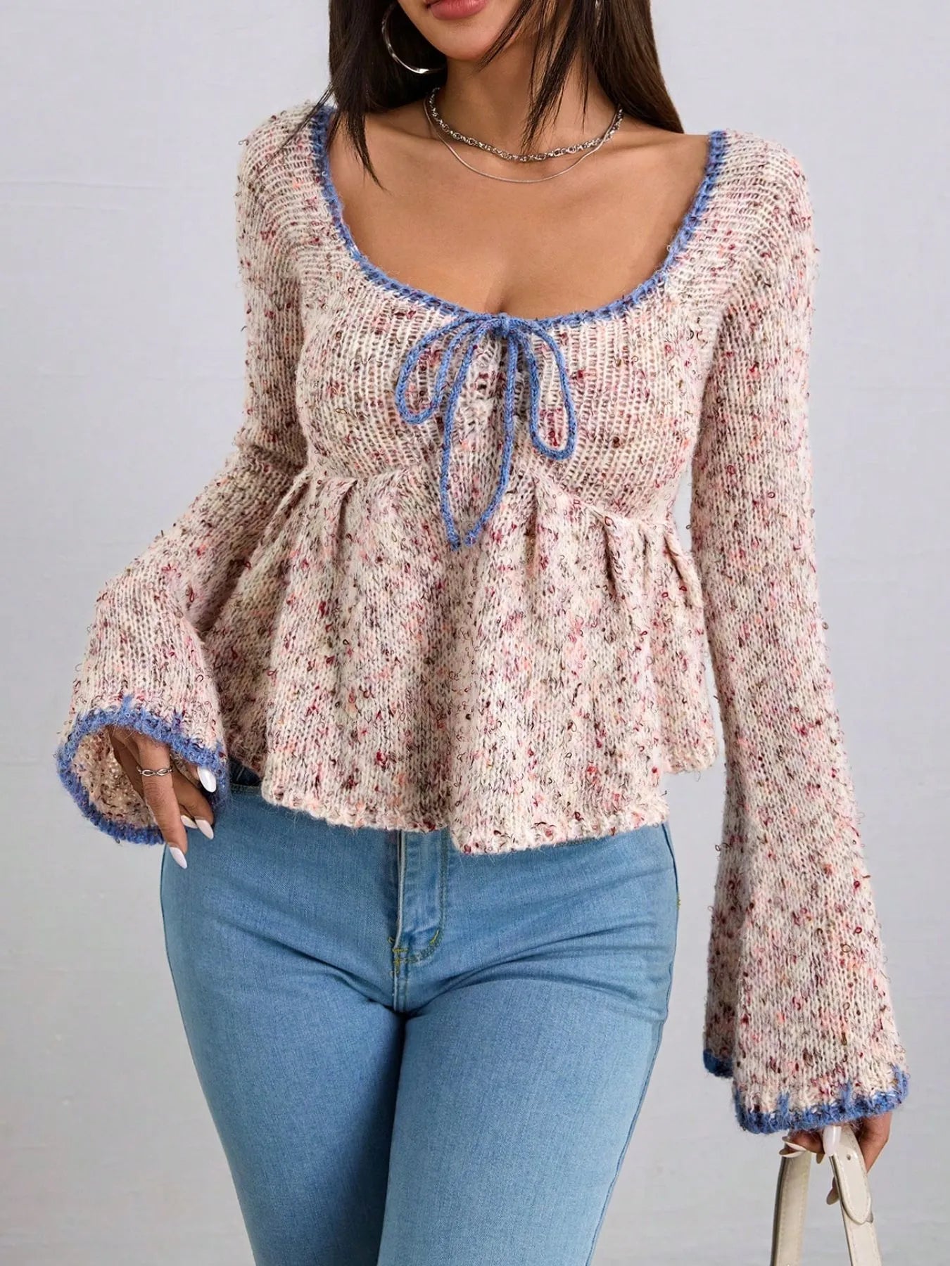 Tie Front Flare Sleeve Sweater | Sweaters Daverri Fashions