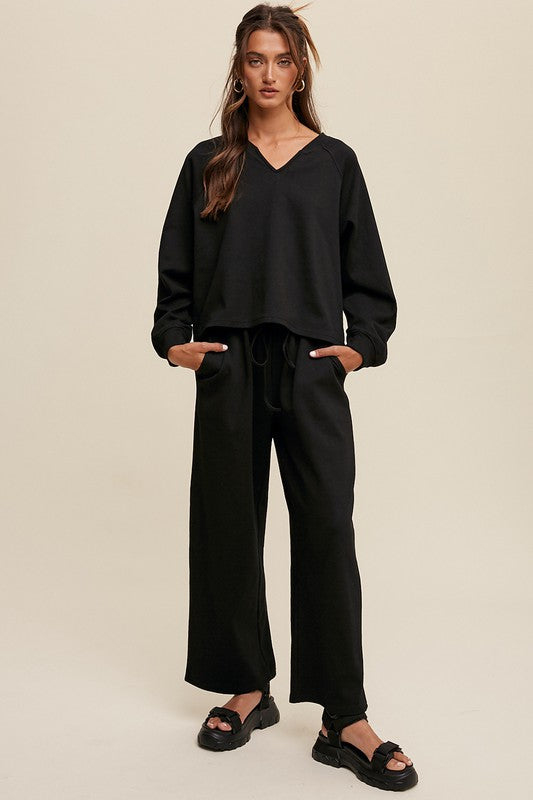 V-neck Sweatshirt and Pants Set Black Outfit sets