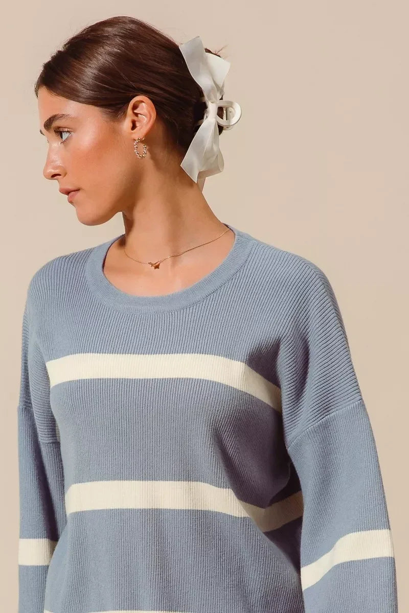 SO ME Ribbed Striped Round Neck Sweater - DAVERRI FASHIONS