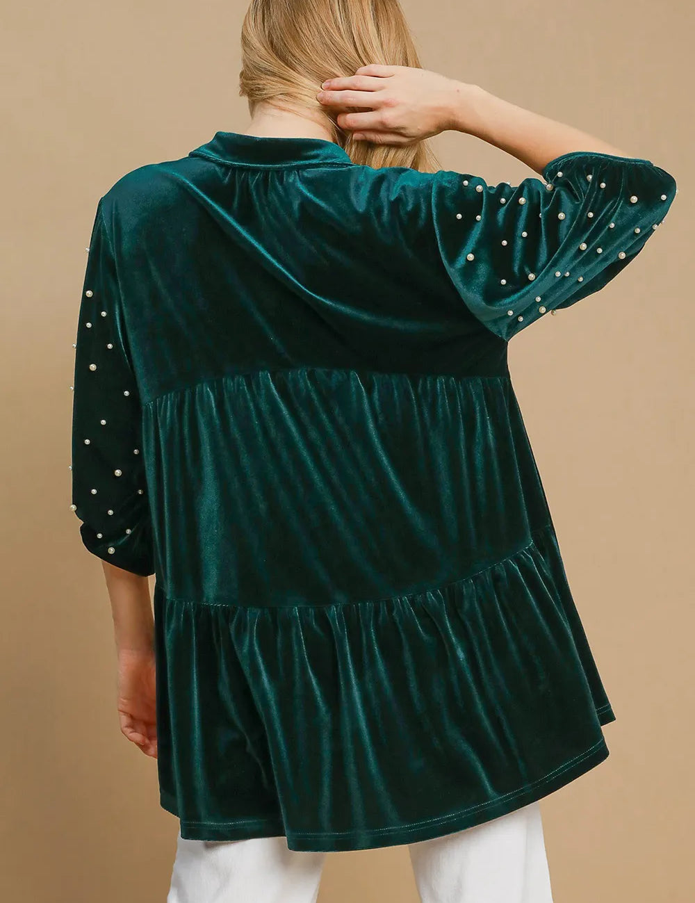 Umgee Pearl Detail Half Sleeve Velvet Babydoll Blouse | Blouses Daverri Fashions