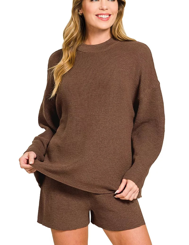 BROWN Zenana Round Neck Knit Top and Shorts Sweater Set | Loungewear Sets Daverri Fashions