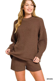 BROWN Zenana Round Neck Knit Top and Shorts Sweater Set | Loungewear Sets Daverri Fashions