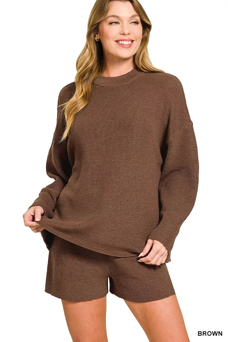 BROWN Zenana Round Neck Knit Top and Shorts Sweater Set | Loungewear Sets Daverri Fashions