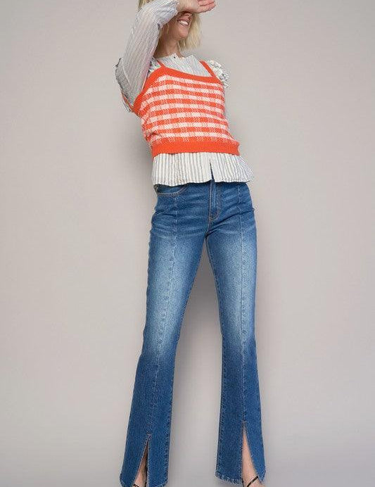 High Rise Front Slit Sliim Bootcut Jeans Jeans