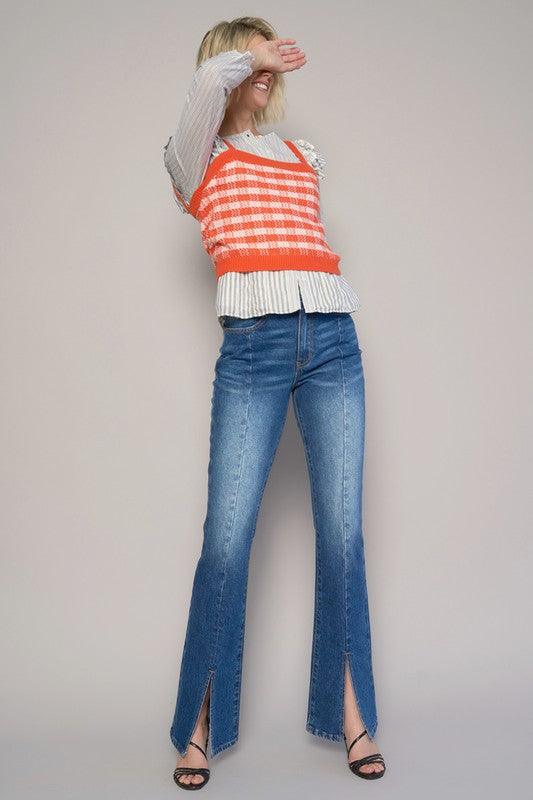 High Rise Front Slit Sliim Bootcut Jeans Jeans