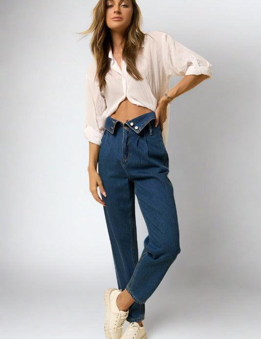 High Rise Flap Waist Relaxed Cropped Jeans DARK Jeans