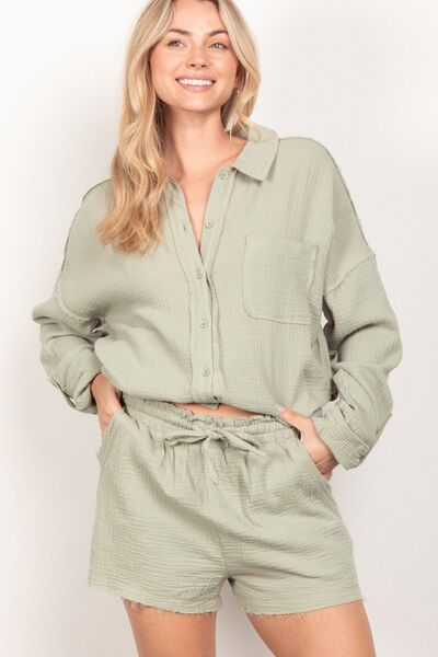 VERY J Texture Button Up Shirt and Shorts Set Sage L