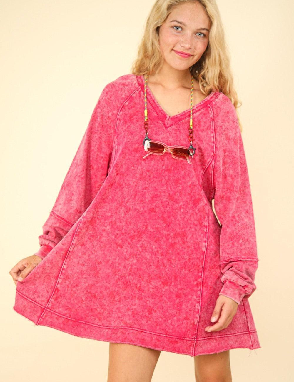 Magenta VERY J Mineral Washed Oversized A-Line Mini Dress | Mini Dresses Daverri Fashions