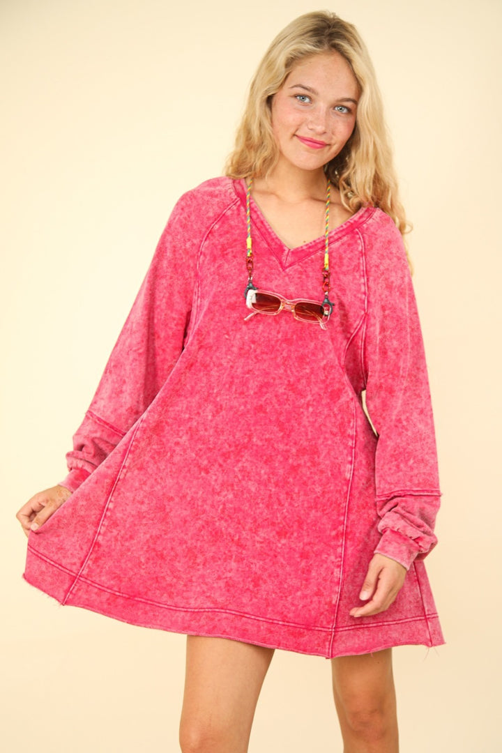 VERY J Mineral Washed Oversized A-Line Mini Dress Magenta Mini Dresses