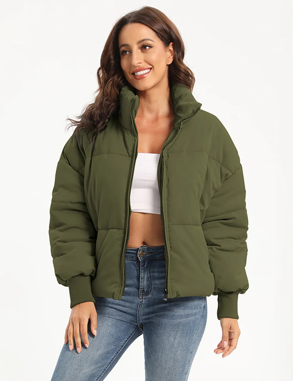 Olive green zip-up turtleneck puffer jacket with hood