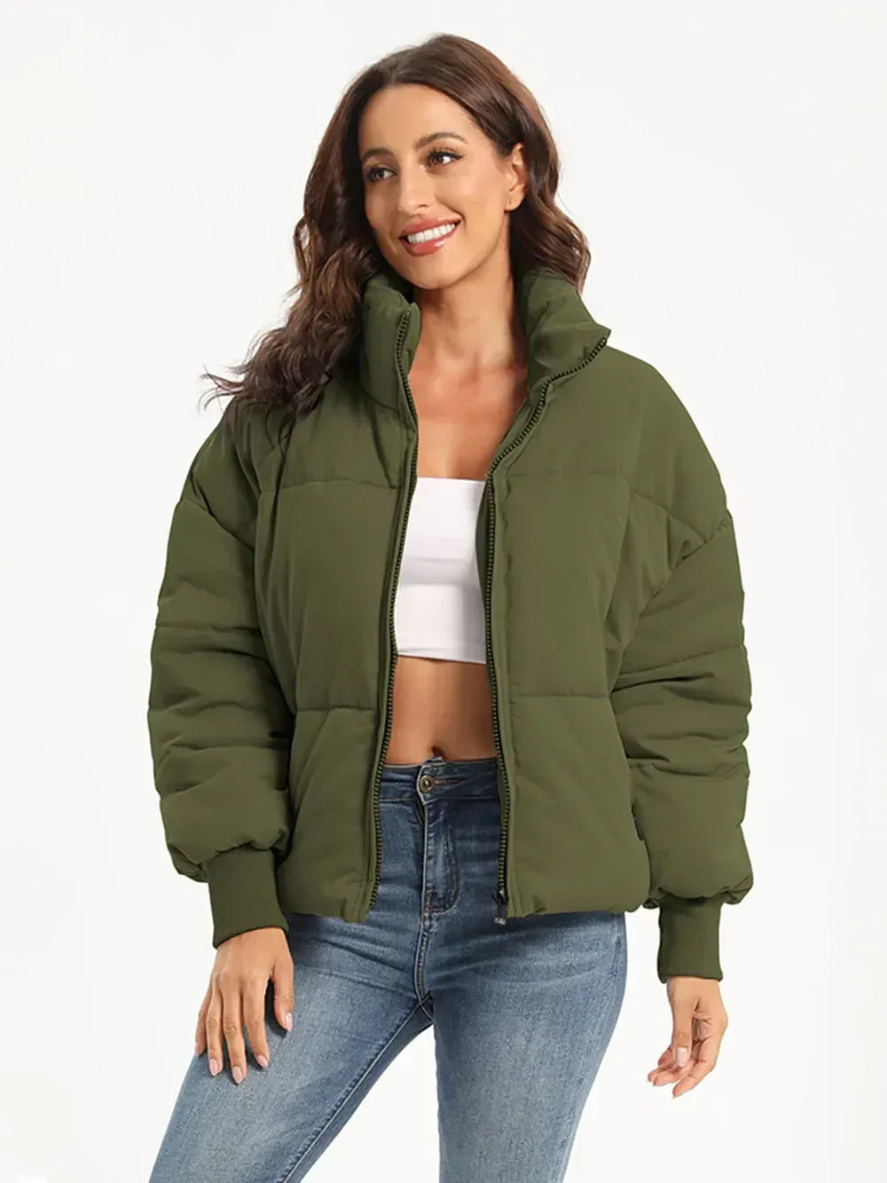 Zip Up Turtleneck Long Sleeve Puffer Jacket - DAVERRI FASHIONS