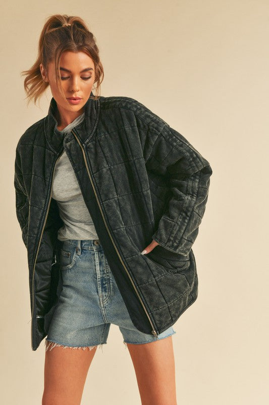 Black quilted denim Dixie Jacket with high collar and zipper