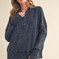 Dark blue distressed denim Washed Vivi Pullover hoodie with ribbed cuffs