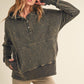 Washed Vivi Pullover: olive green distressed cotton henley sweatshirt