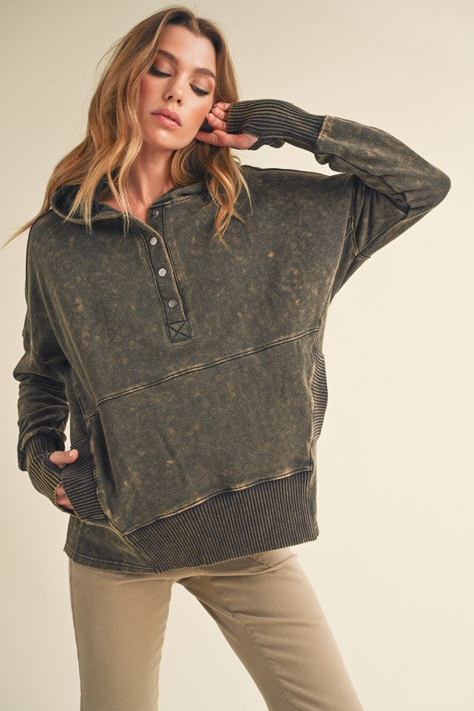 Washed Vivi Pullover: olive green distressed cotton henley sweatshirt