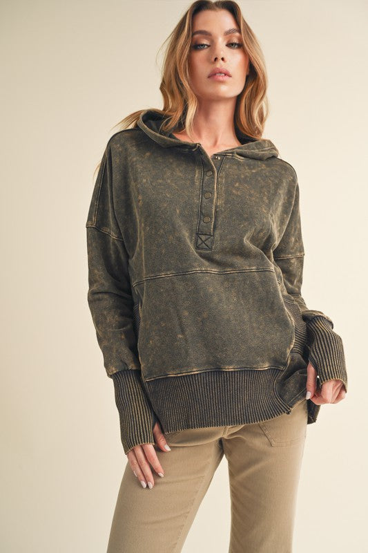 Olive green Washed Vivi Pullover hoodie with distressed texture