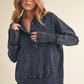 Dark blue distressed knit Washed Vivi Pullover with half-zip neckline