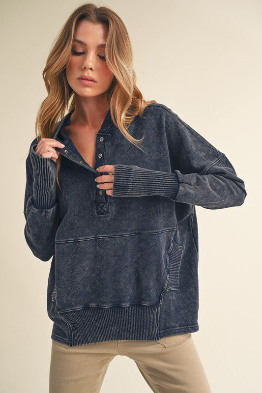 Dark blue distressed knit Washed Vivi Pullover with half-zip neckline