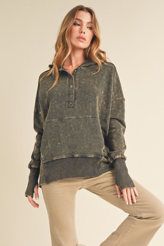 Olive green distressed Washed Vivi Pullover hoodie with ribbed cuffs