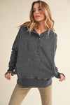 Dark gray distressed cotton Washed Vivi Pullover hoodie with buttoned placket and ribbed cuffs