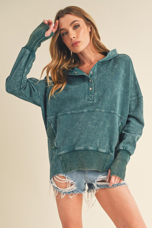 Teal distressed cotton Washed Vivi Pullover hoodie with ribbed cuffs