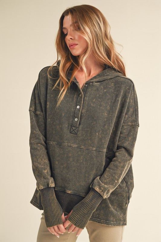 Dark gray distressed Washed Vivi Pullover hoodie with buttoned placket and ribbed cuffs