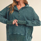 Teal distressed knit Washed Vivi Pullover hoodie with ribbed cuffs