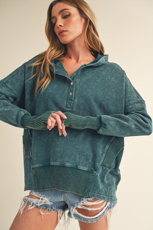 Teal distressed knit Washed Vivi Pullover hoodie with ribbed cuffs