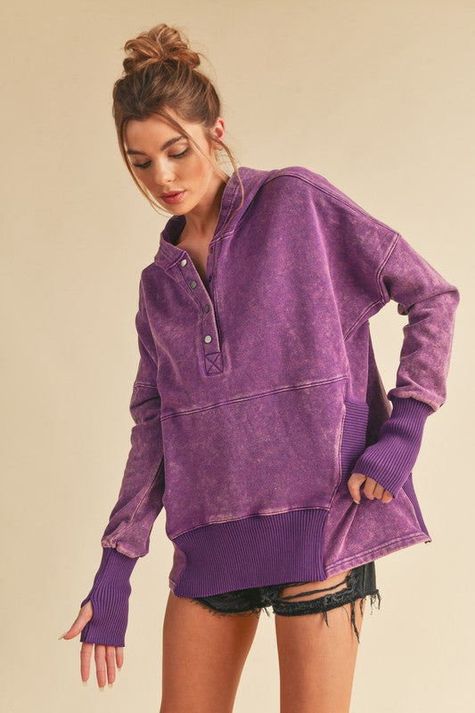Purple Washed Vivi Pullover hoodie with distressed texture and ribbed cuffs